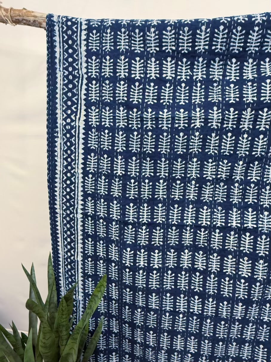 Indigo Sundar Block Print Cotton Kantha Quilt