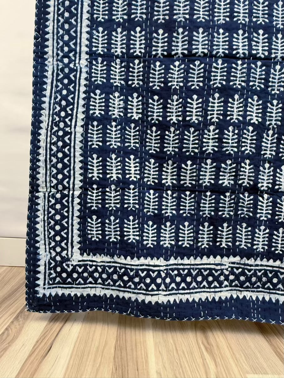 Indigo Sundar Block Print Cotton Kantha Quilt