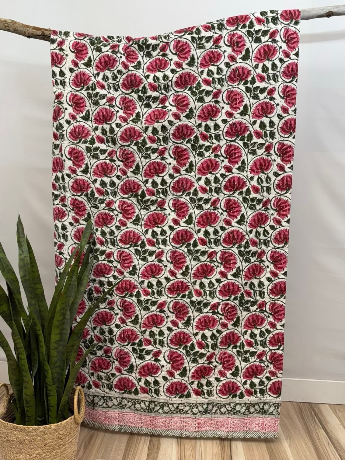 Lotus Dreams Block Print Cotton Kantha Quilt