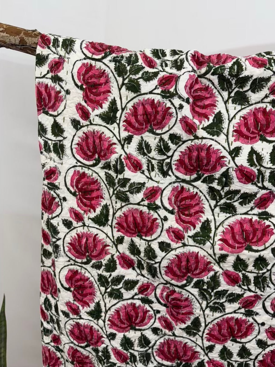 Lotus Dreams Block Print Cotton Kantha Quilt
