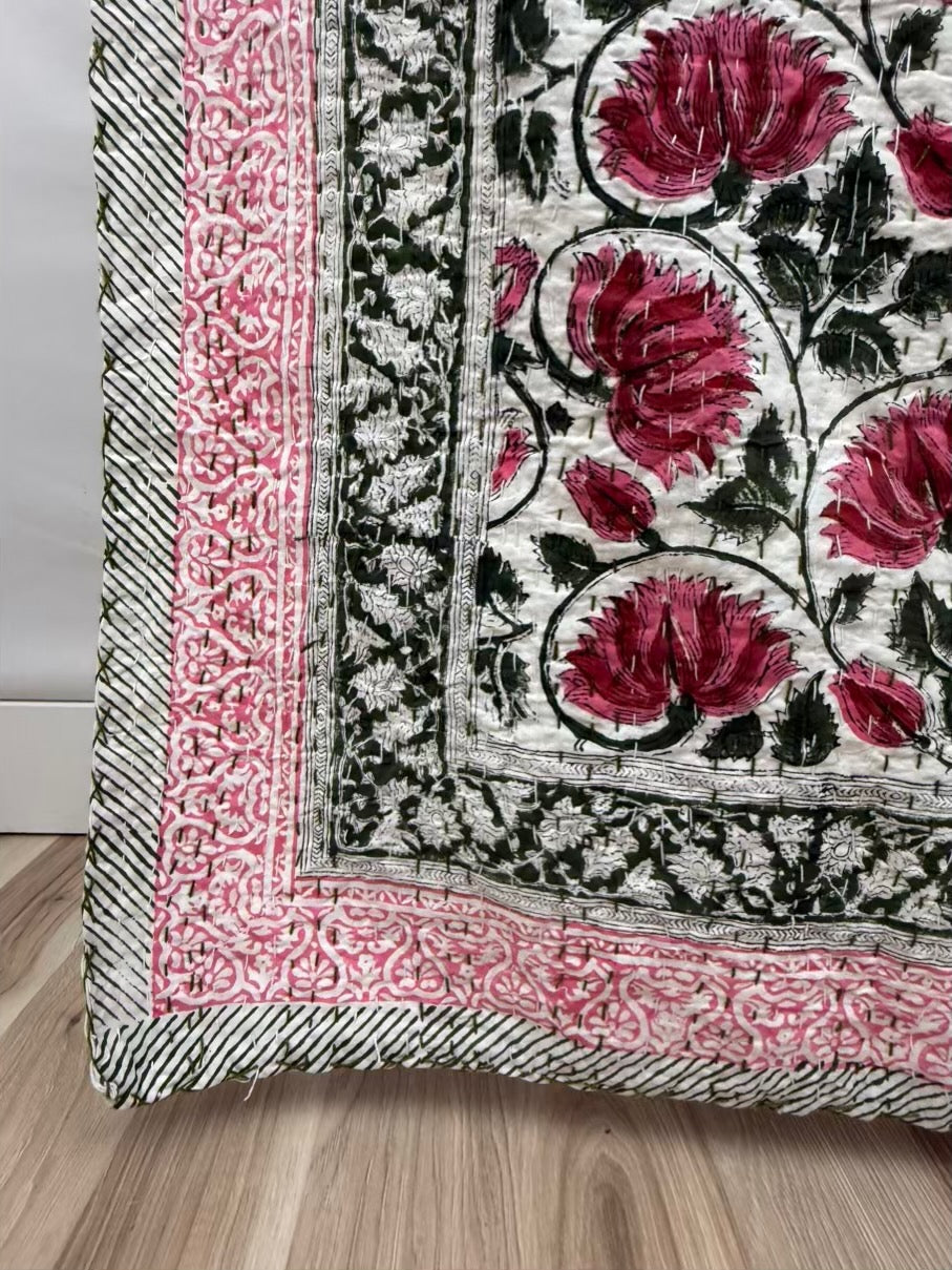 Lotus Dreams Block Print Cotton Kantha Quilt