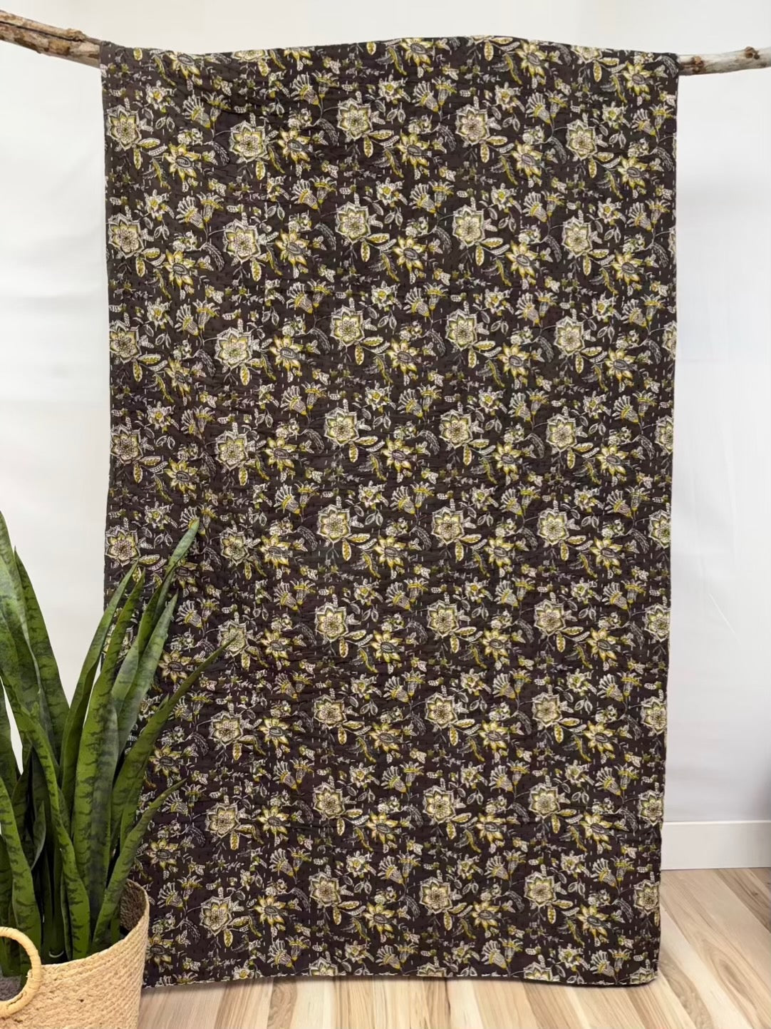 Midnight Garden Block Print Cotton Kantha Quilt
