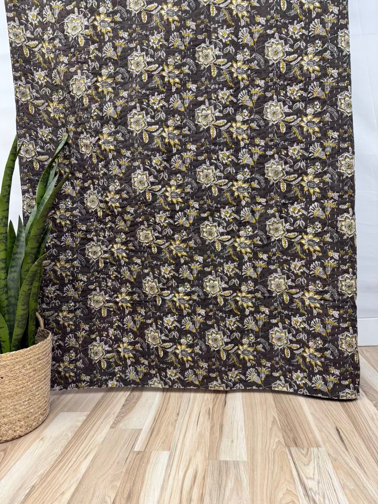 Midnight Garden Block Print Cotton Kantha Quilt