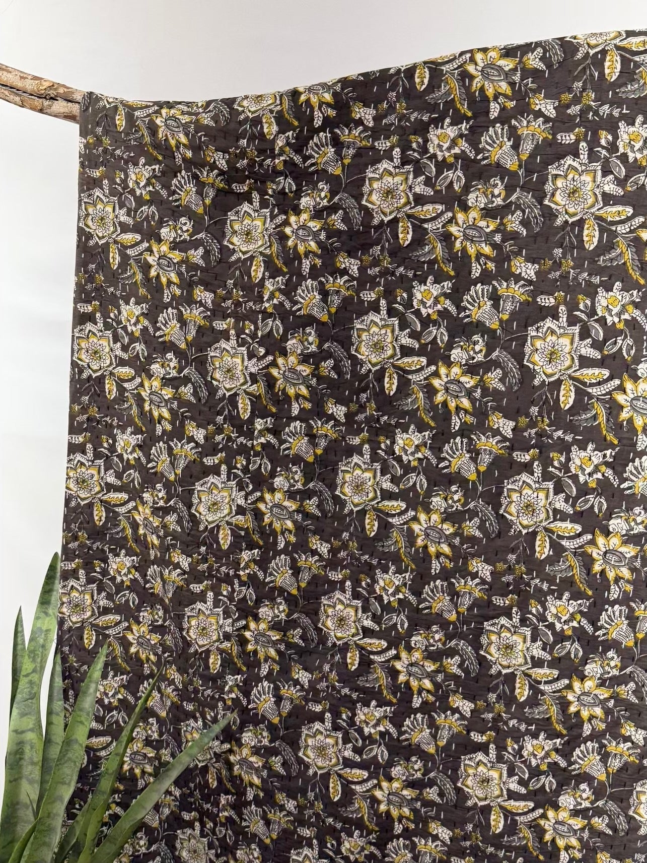 Midnight Garden Block Print Cotton Kantha Quilt