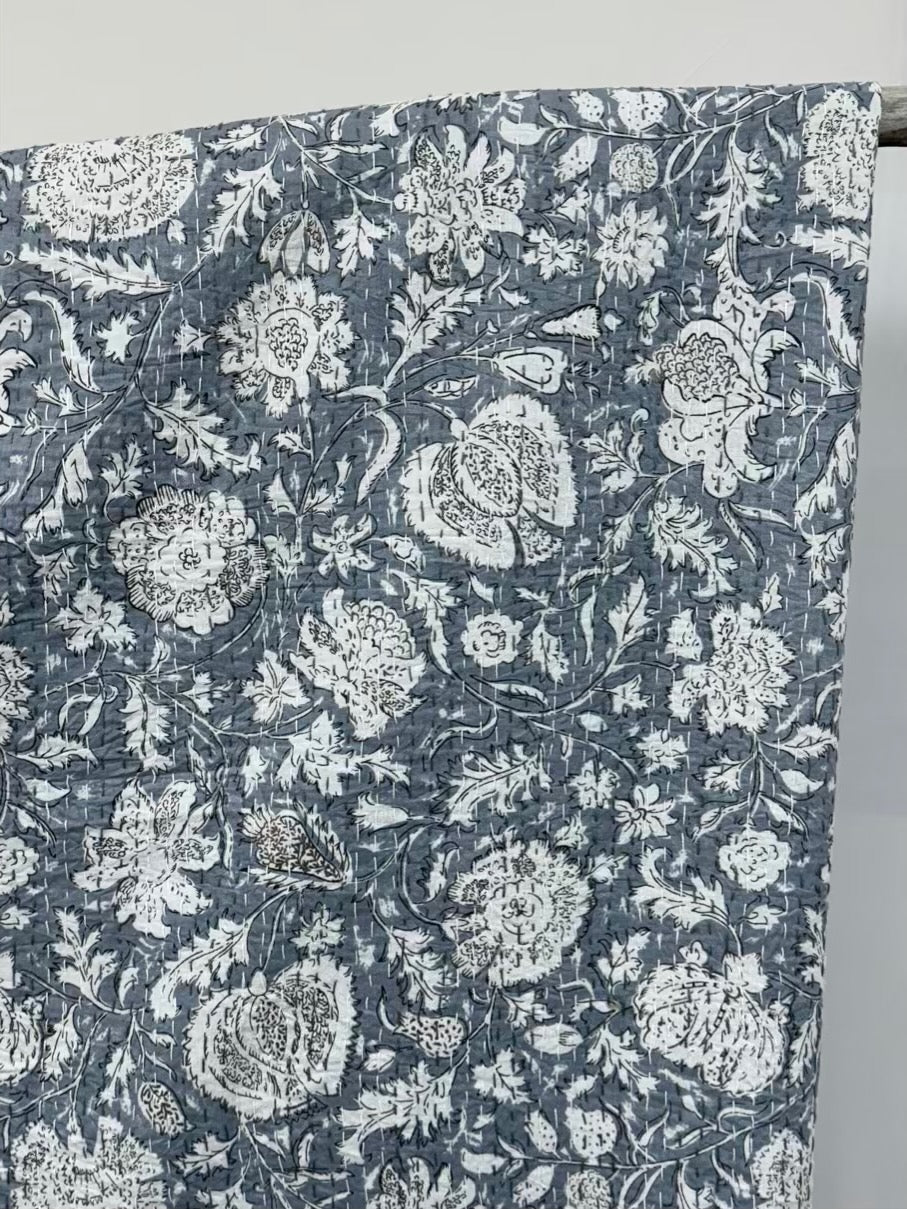 Dusk Heritage Blooms Block Print Cotton Kantha Quilt
