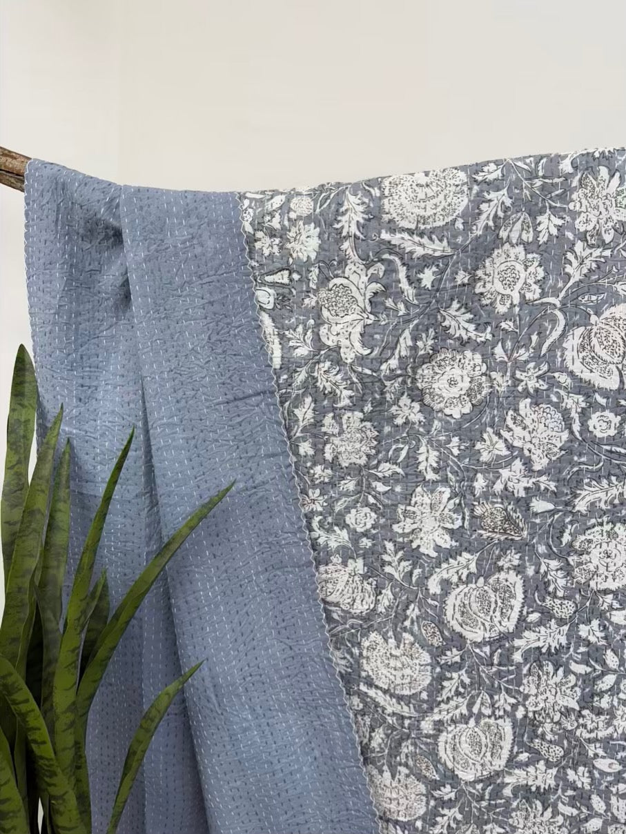 Dusk Heritage Blooms Block Print Cotton Kantha Quilt