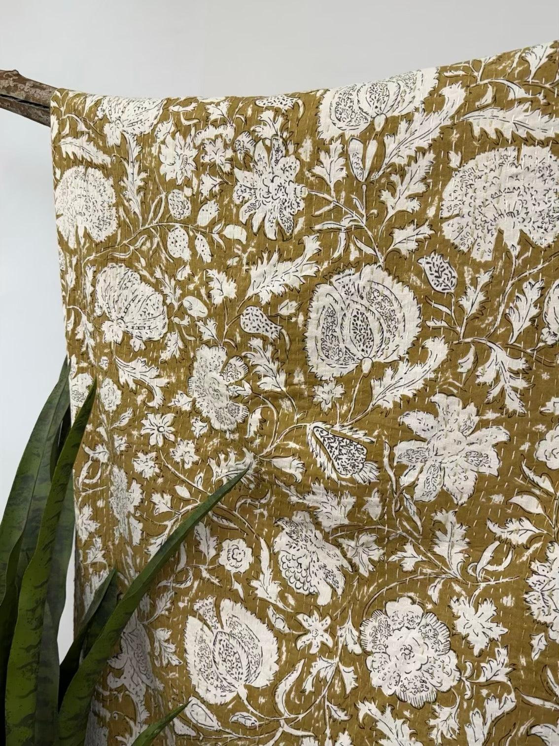 Yellow Heritage Blooms Block Print Cotton Kantha Quilt