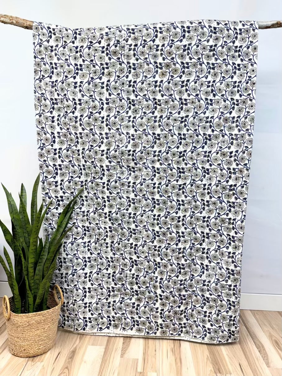 Moonlit Vines Block Print Cotton Kantha Quilt