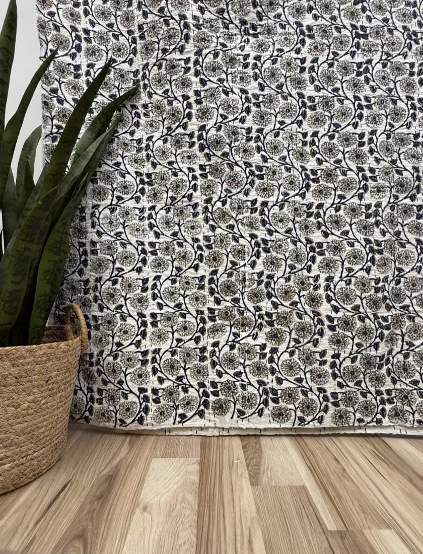 Moonlit Vines Block Print Cotton Kantha Quilt