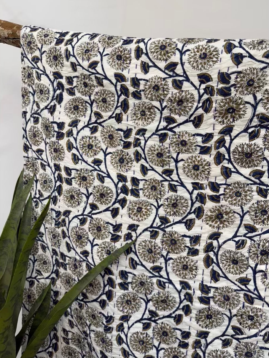 Moonlit Vines Block Print Cotton Kantha Quilt