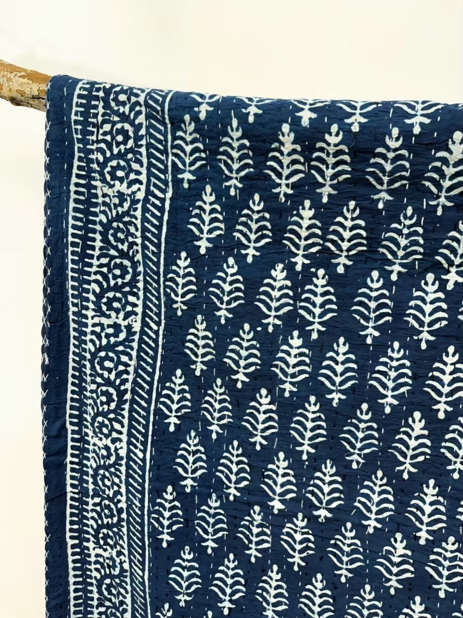 Royal Indigo Leaves Block Print Cotton Kantha Quilt