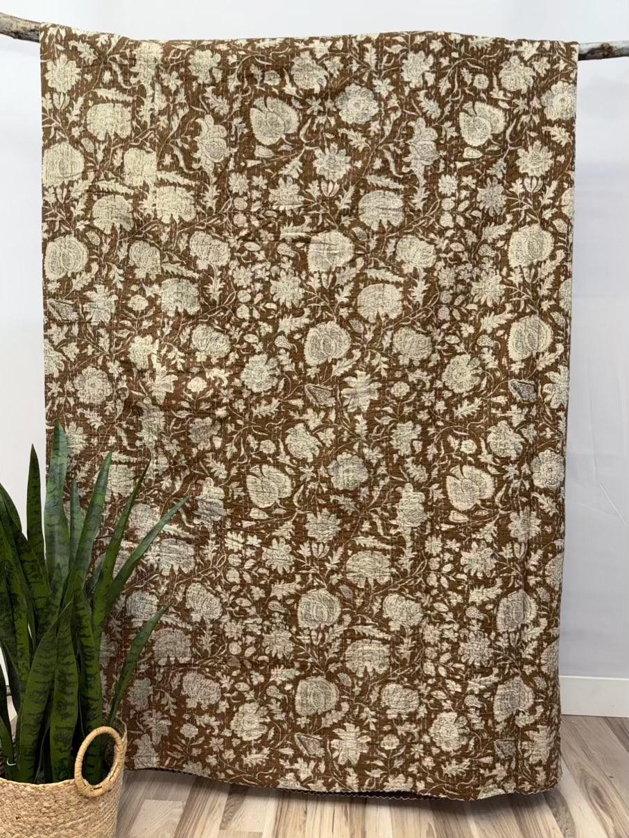 Brown Heritage Blooms Block Print Cotton Kantha Quilt
