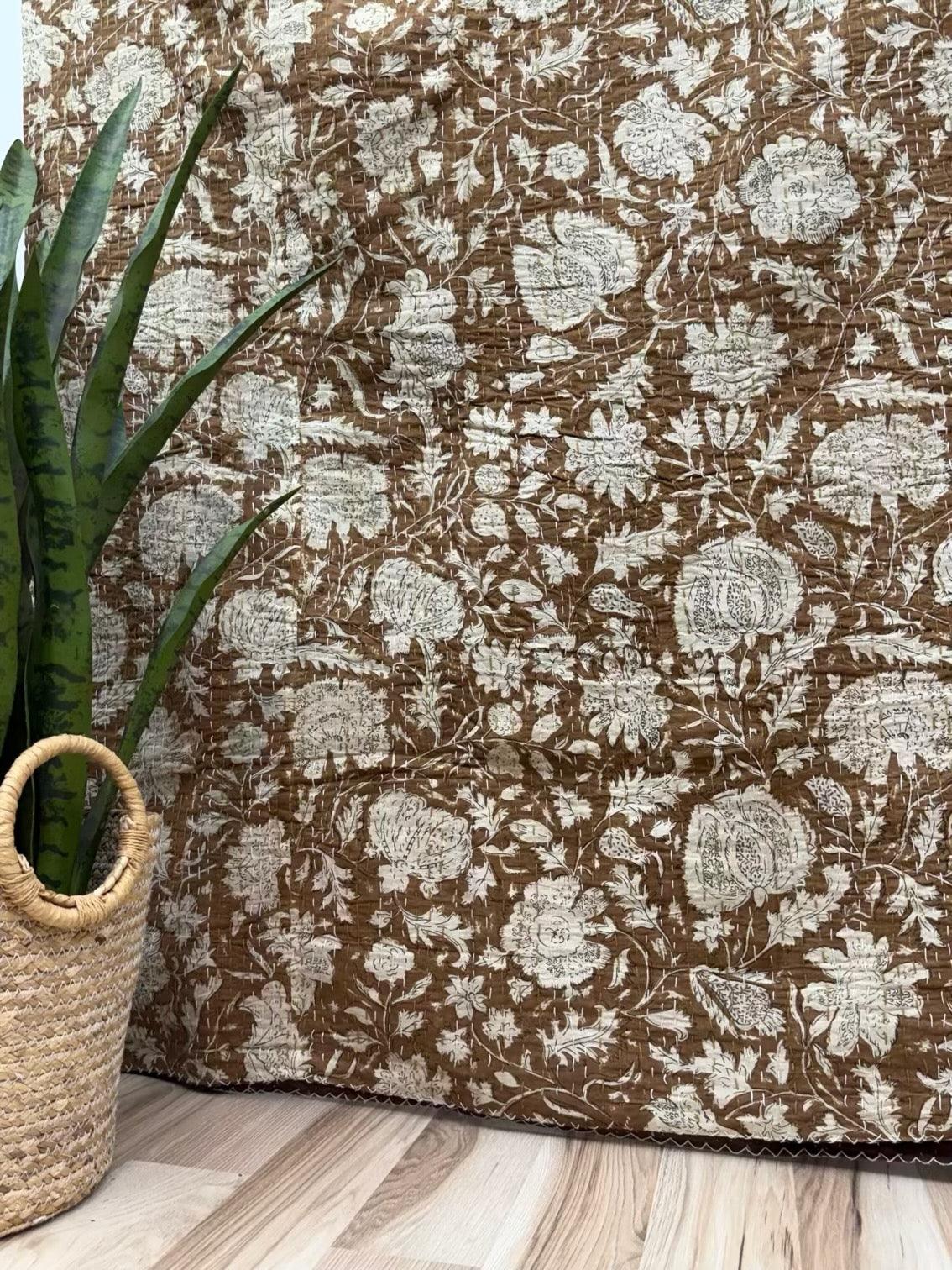 Brown Heritage Blooms Block Print Cotton Kantha Quilt
