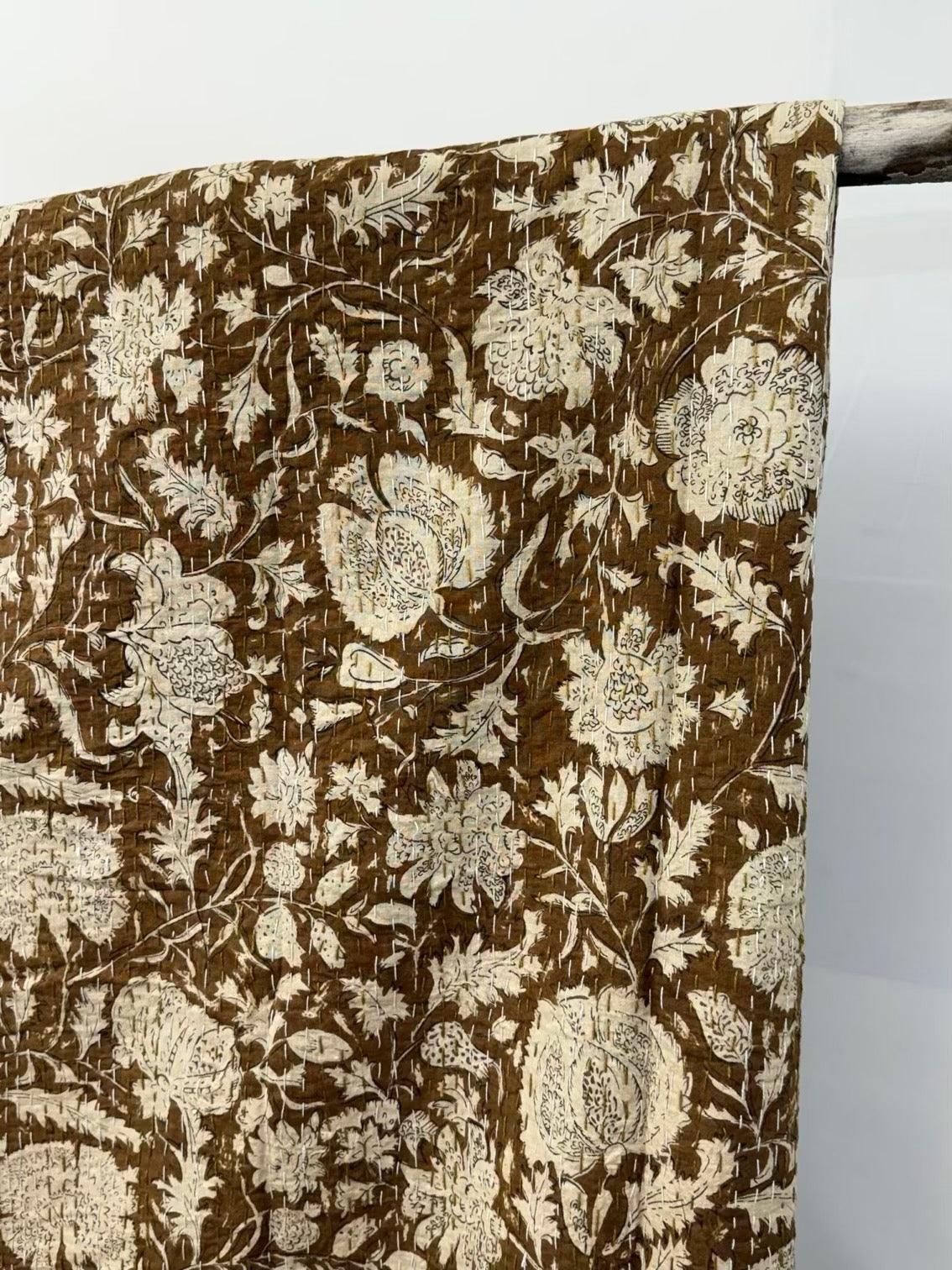 Brown Heritage Blooms Block Print Cotton Kantha Quilt