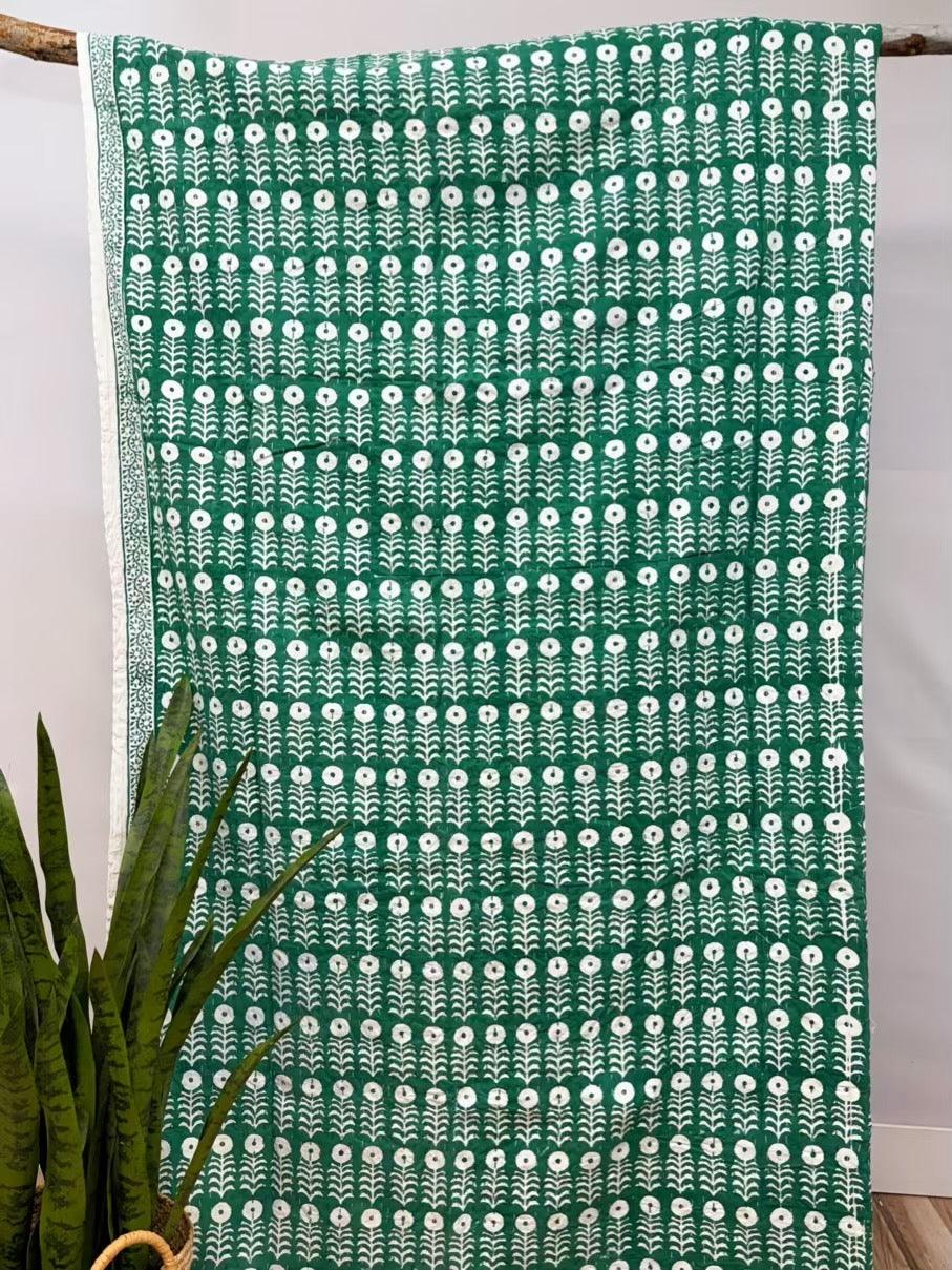 Jade Blossom Block Print Cotton Kantha Quilt