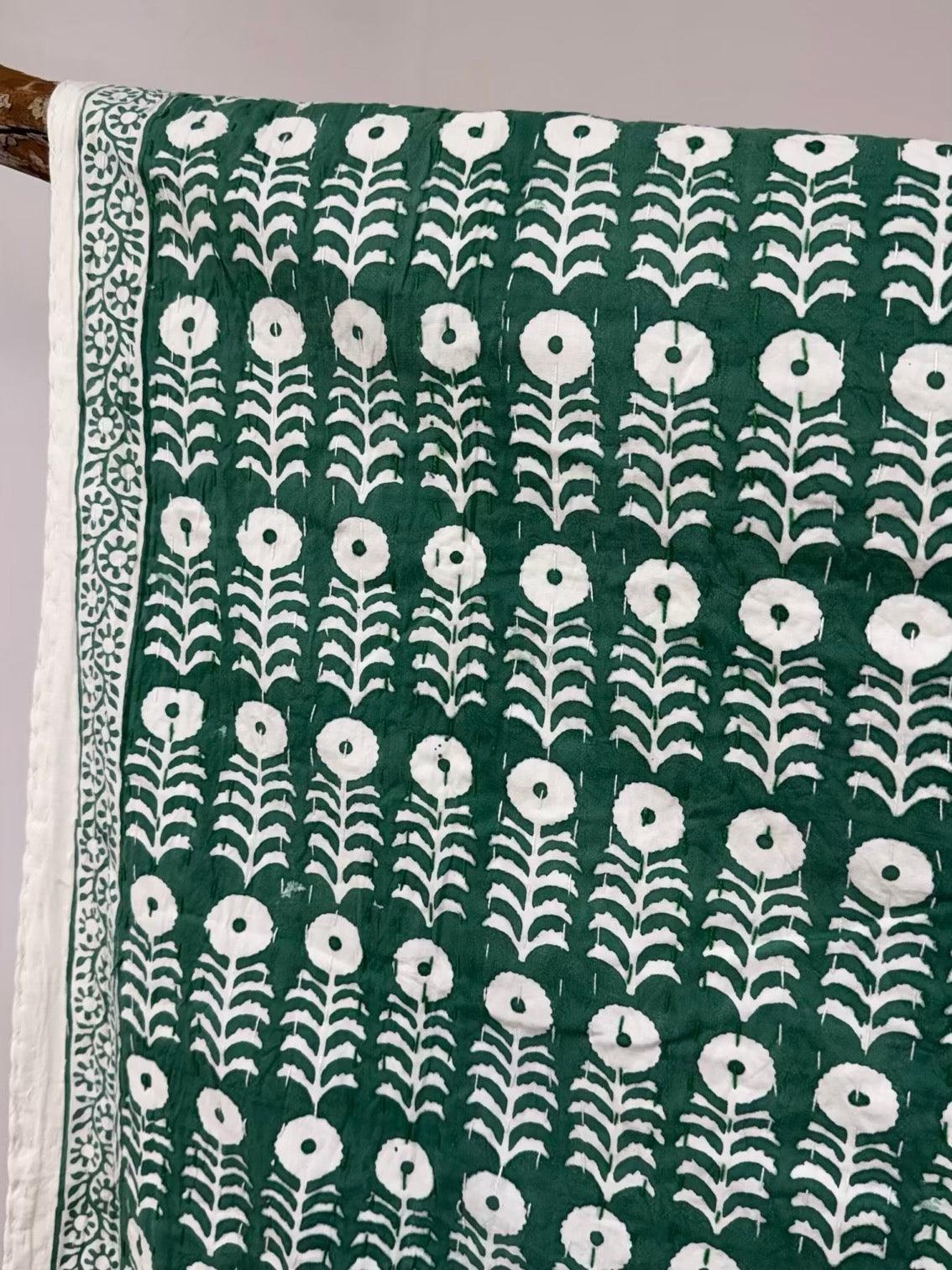 Jade Blossom Block Print Cotton Kantha Quilt
