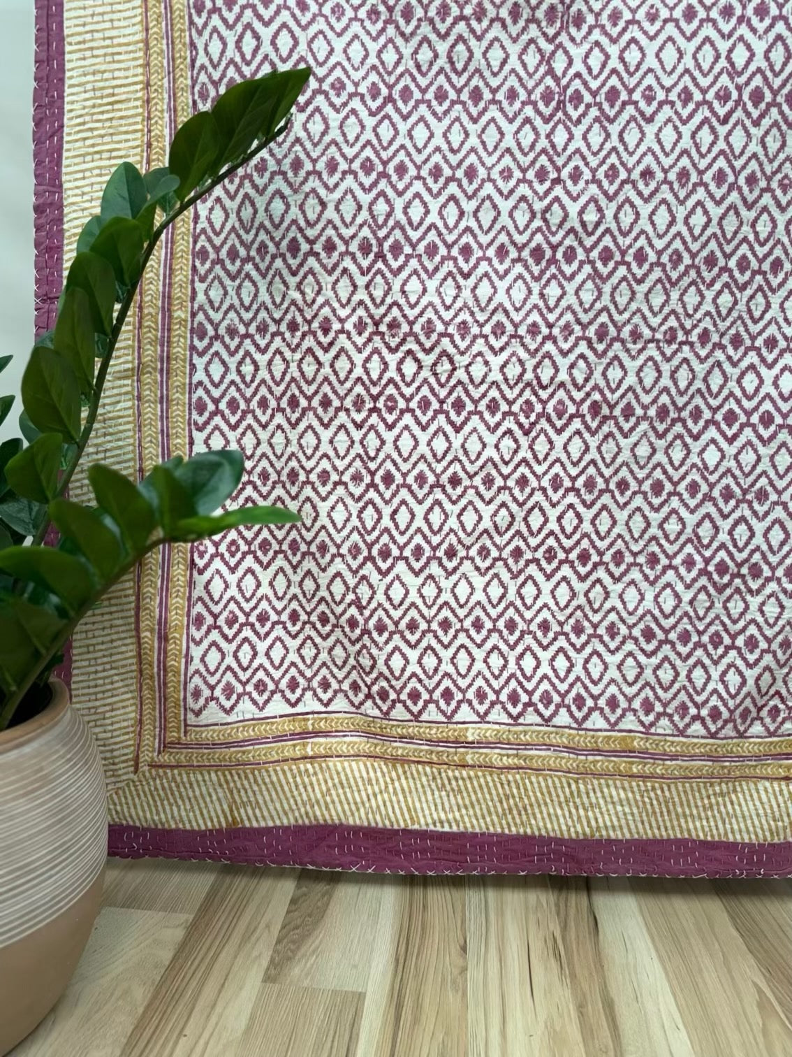 Mulberry Diamonds Block Print Cotton Kantha Quilt