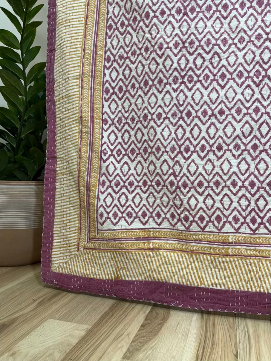 Mulberry Diamonds Block Print Cotton Kantha Quilt