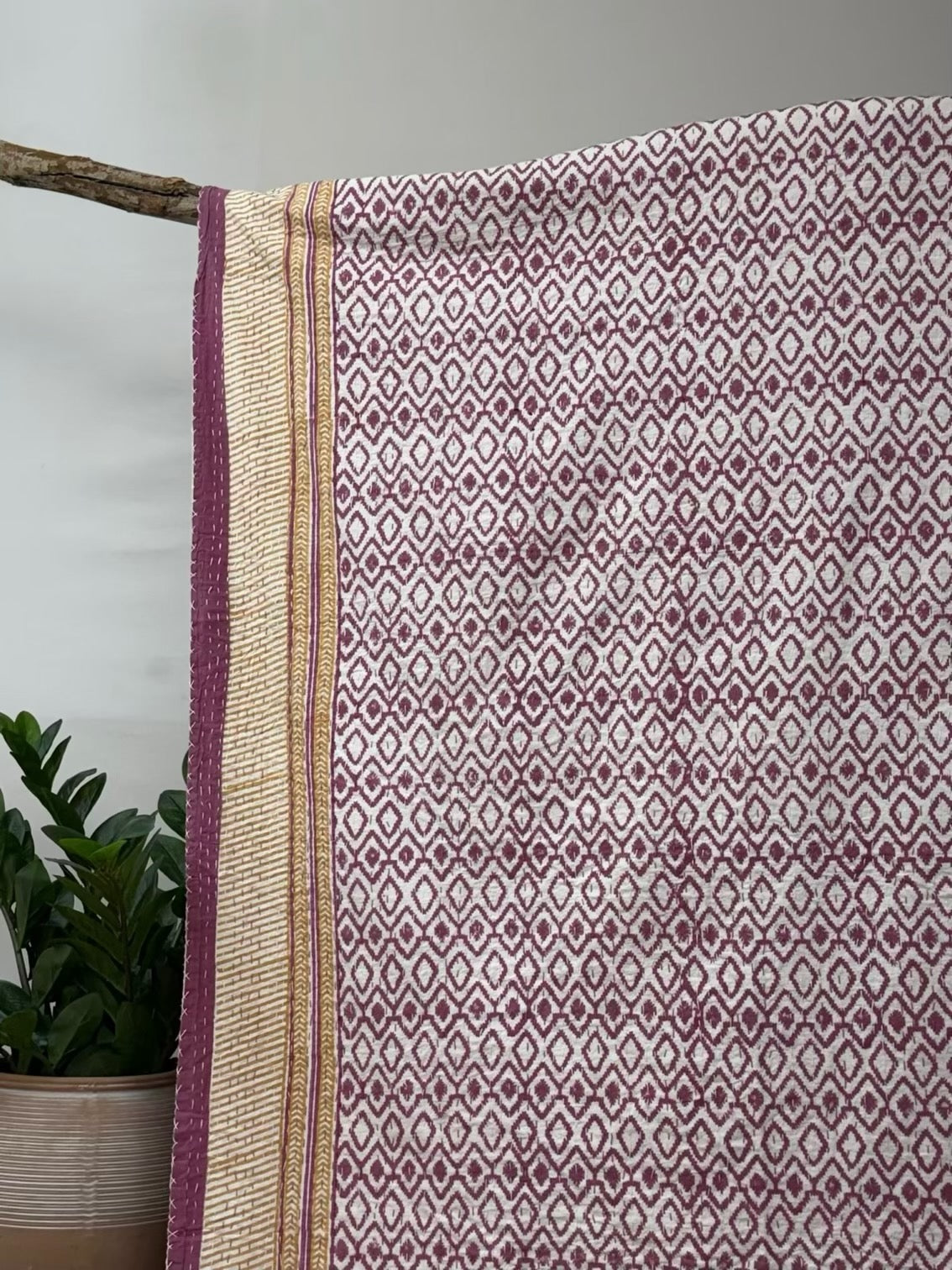 Mulberry Diamonds Block Print Cotton Kantha Quilt