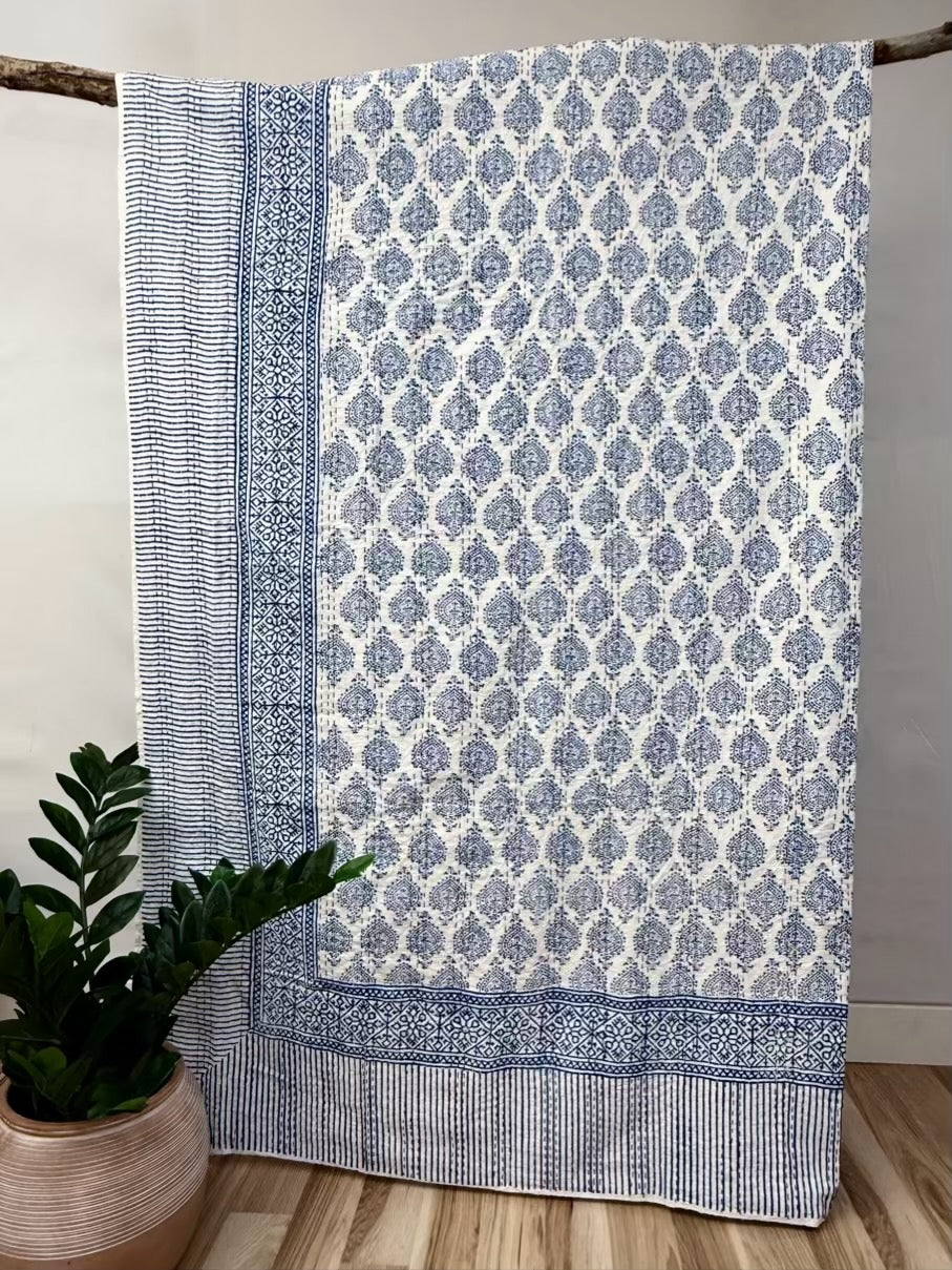 Indigo Spades Block Print Cotton Kantha Quilt