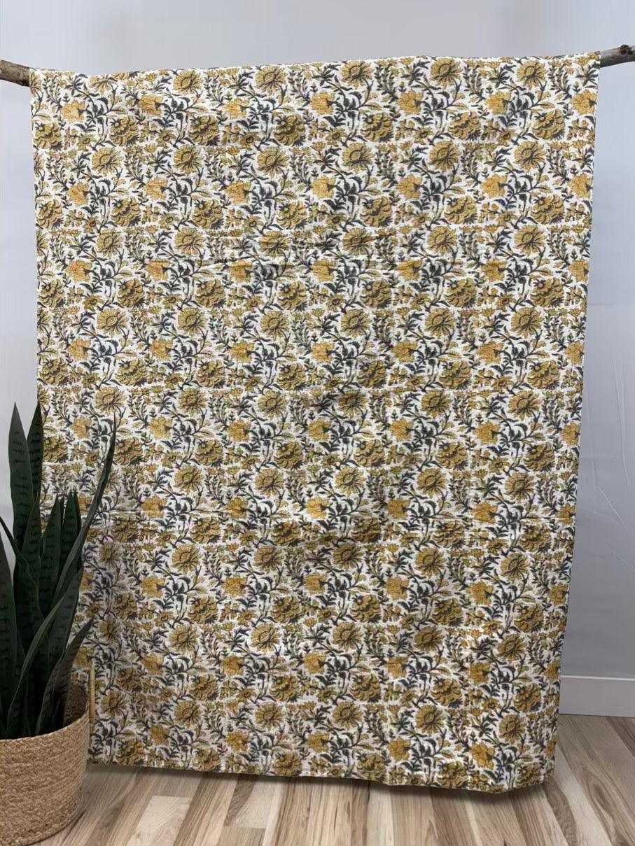 Harvest Vines Block Print Cotton Kantha Quilt