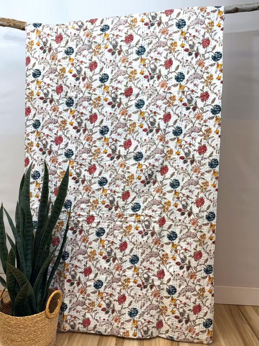 Wildflower Field Block Print Cotton Kantha Quilt