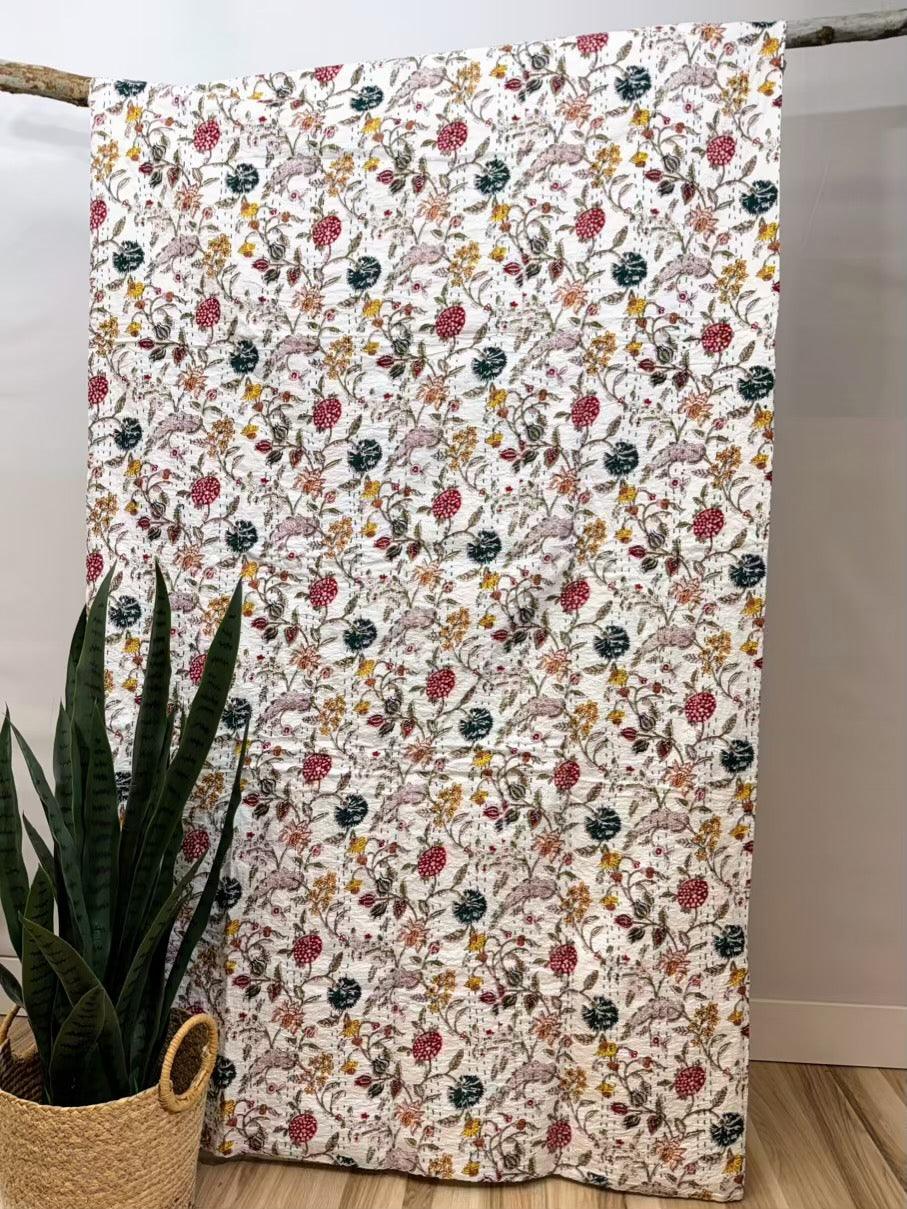Wildflower Field Block Print Cotton Kantha Quilt