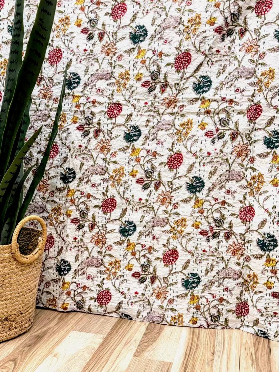 Wildflower Field Block Print Cotton Kantha Quilt