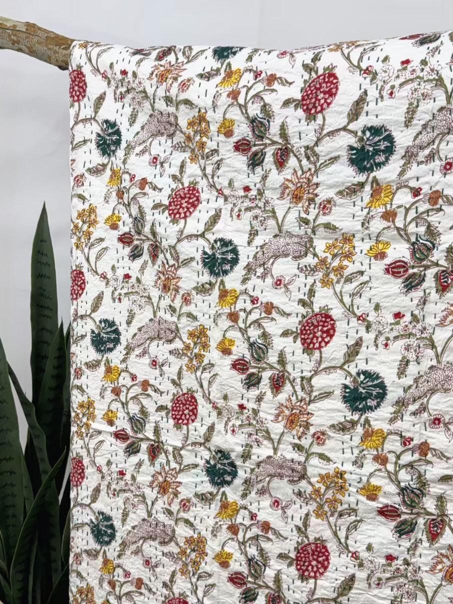 Wildflower Field Block Print Cotton Kantha Quilt