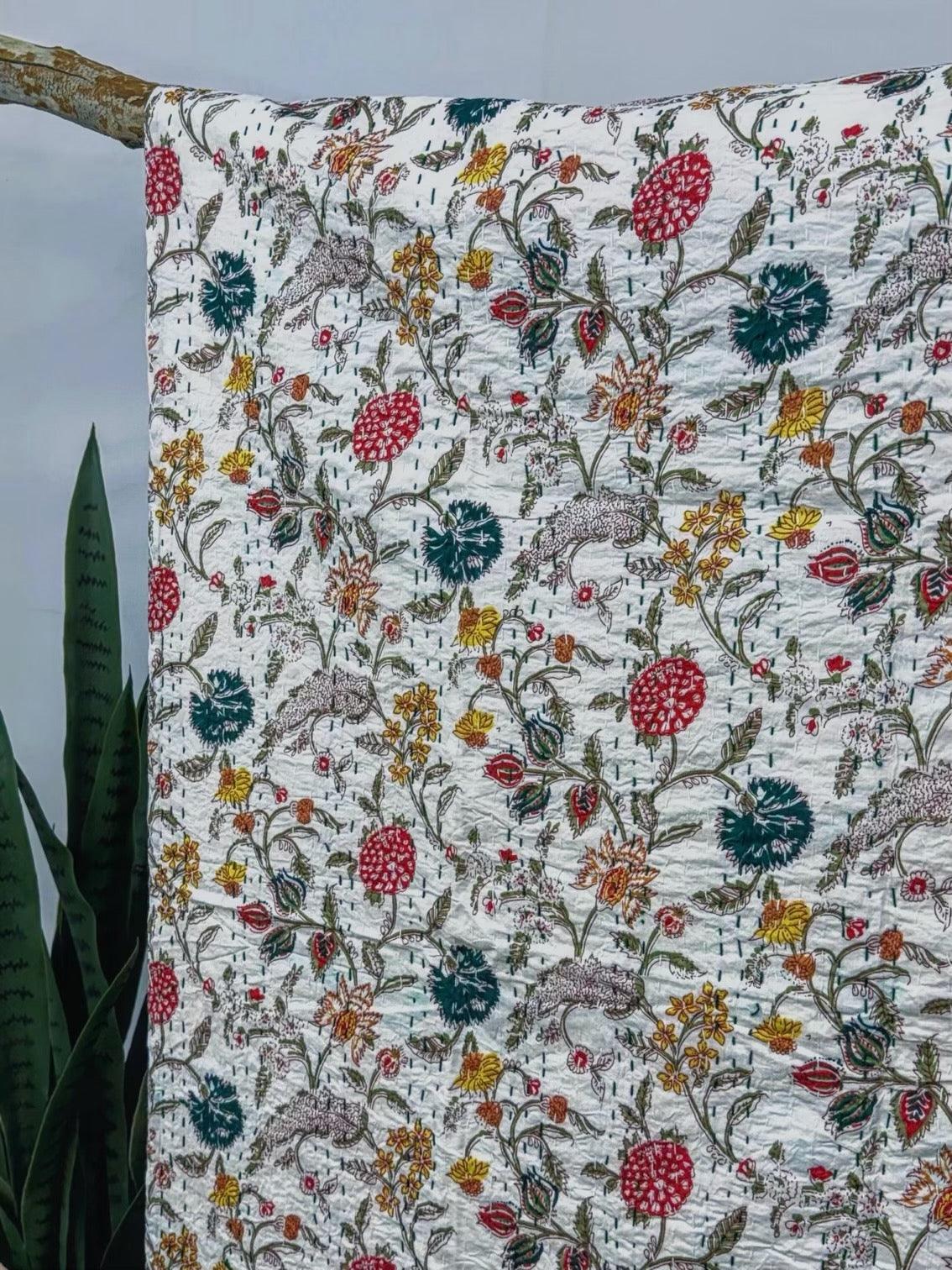 Wildflower Field Block Print Cotton Kantha Quilt
