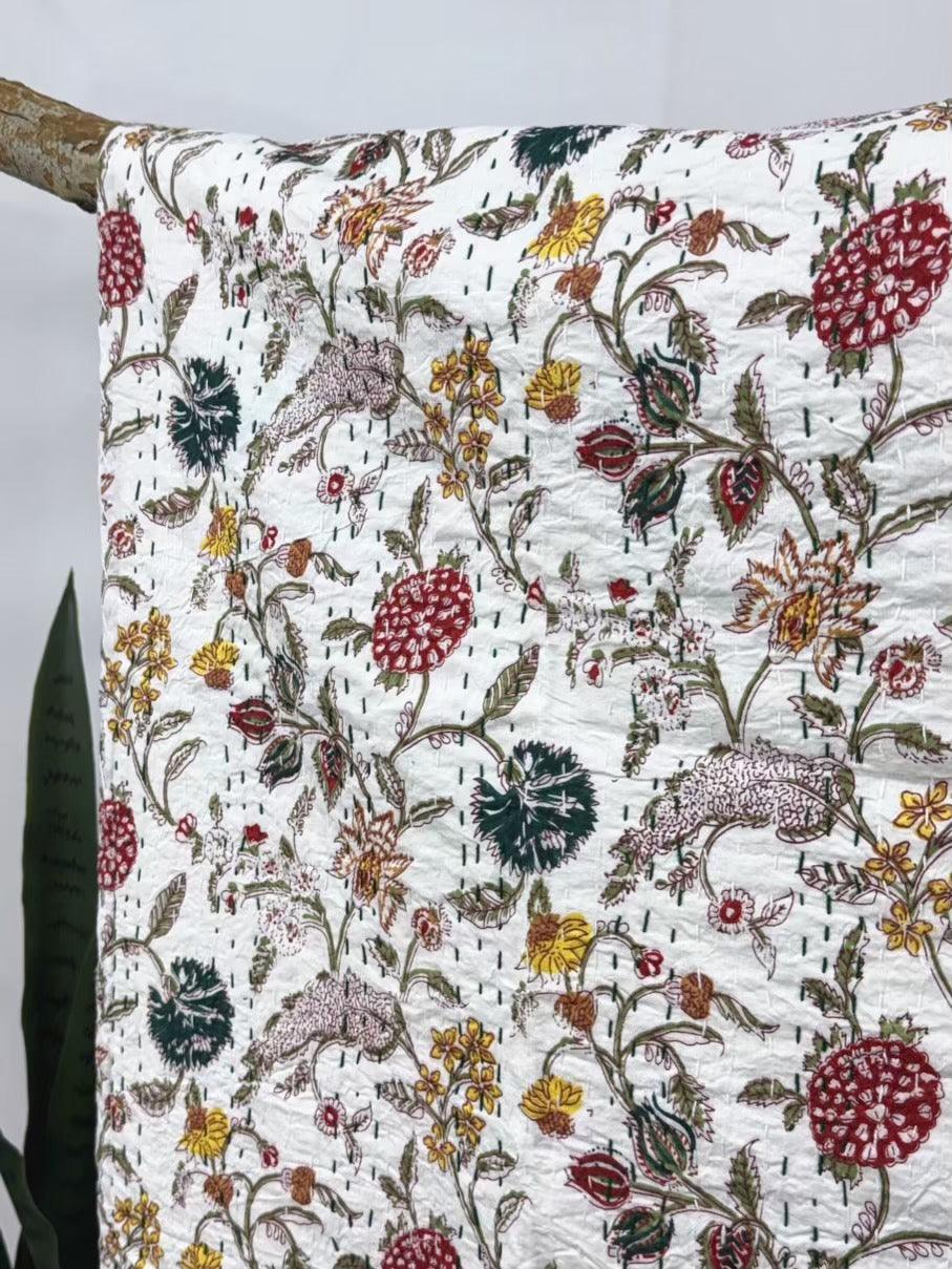Wildflower Field Block Print Cotton Kantha Quilt
