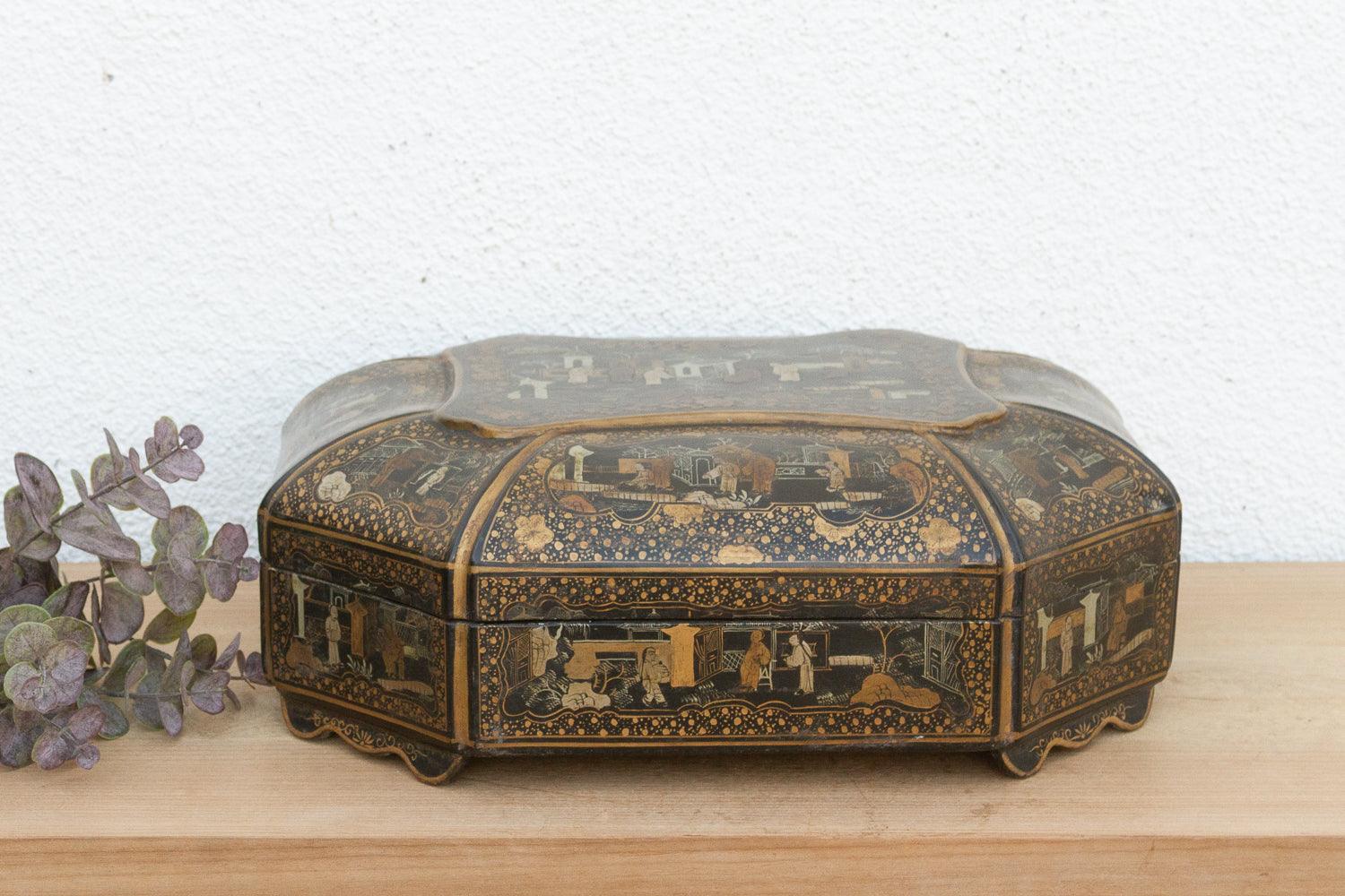 Large Vintage Black & Gold Chinoiserie Box