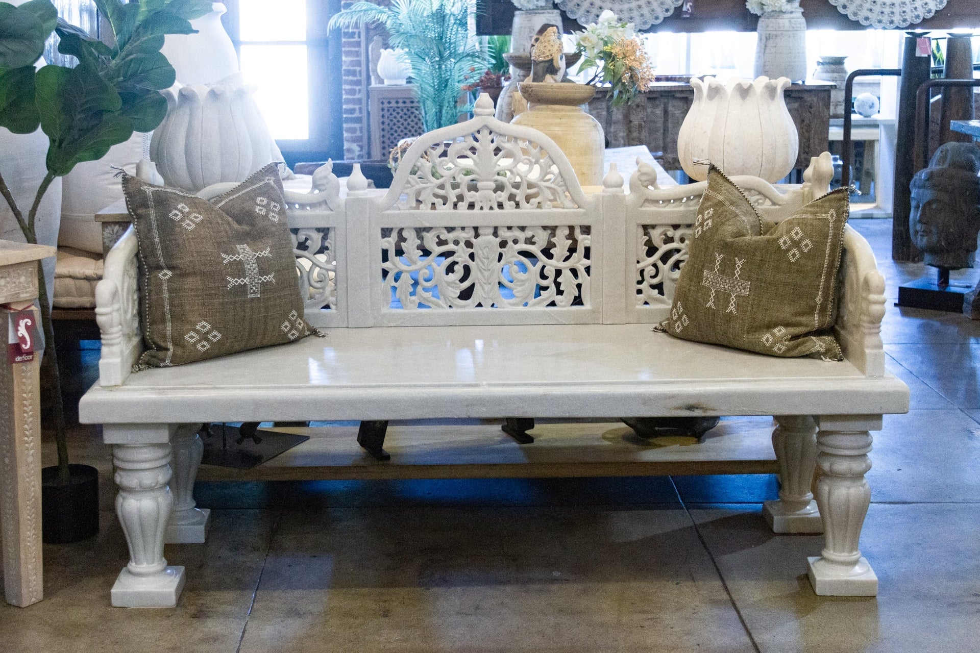 Royal Carved White Marble Garden Bench DE-COR | Globally Inspired
