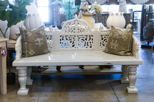 Royal Carved White Marble Garden Bench DE-COR | Globally Inspired