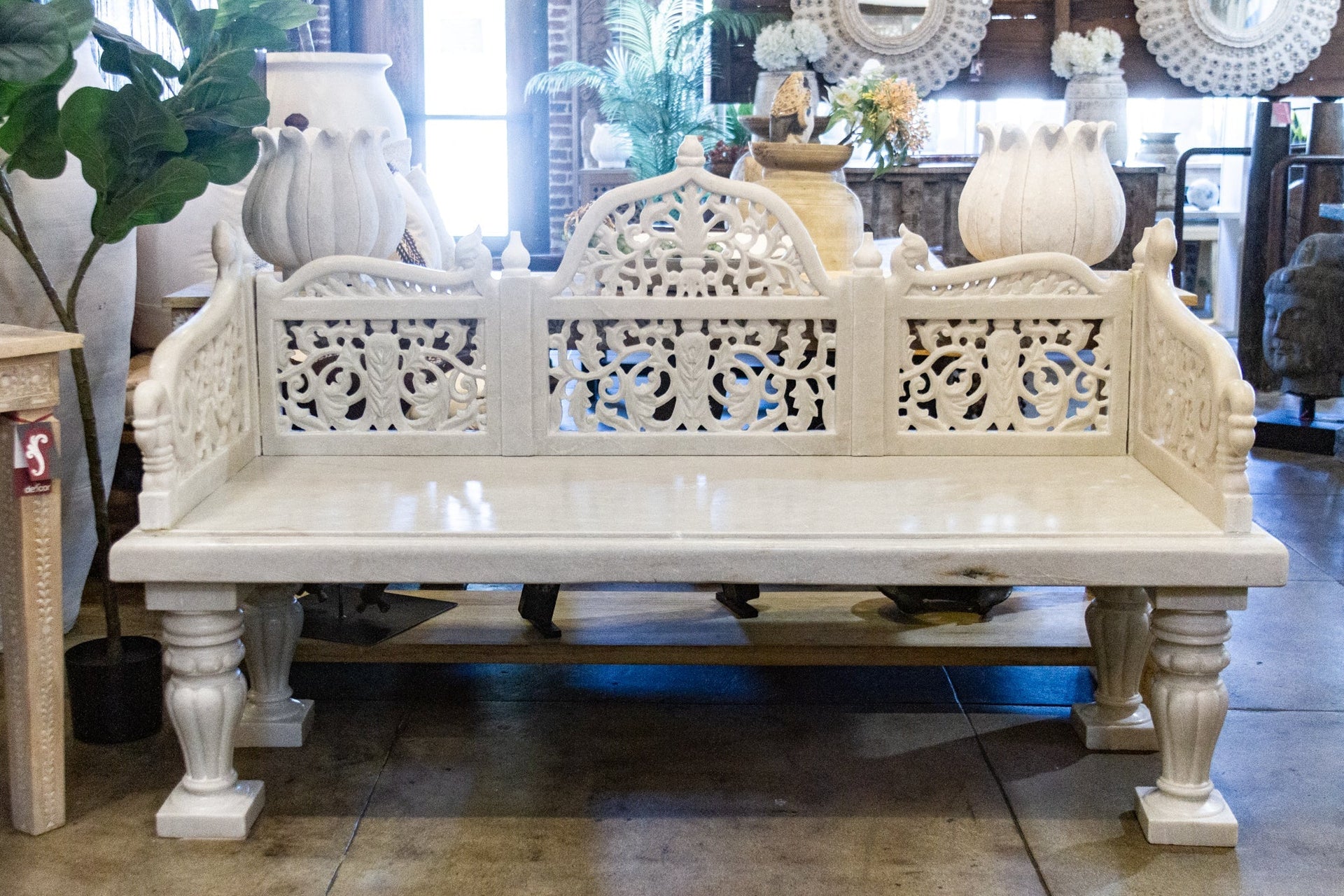 Royal Carved White Marble Garden Bench DE-COR | Globally Inspired