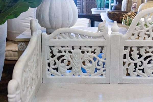 Royal Carved White Marble Garden Bench DE-COR | Globally Inspired