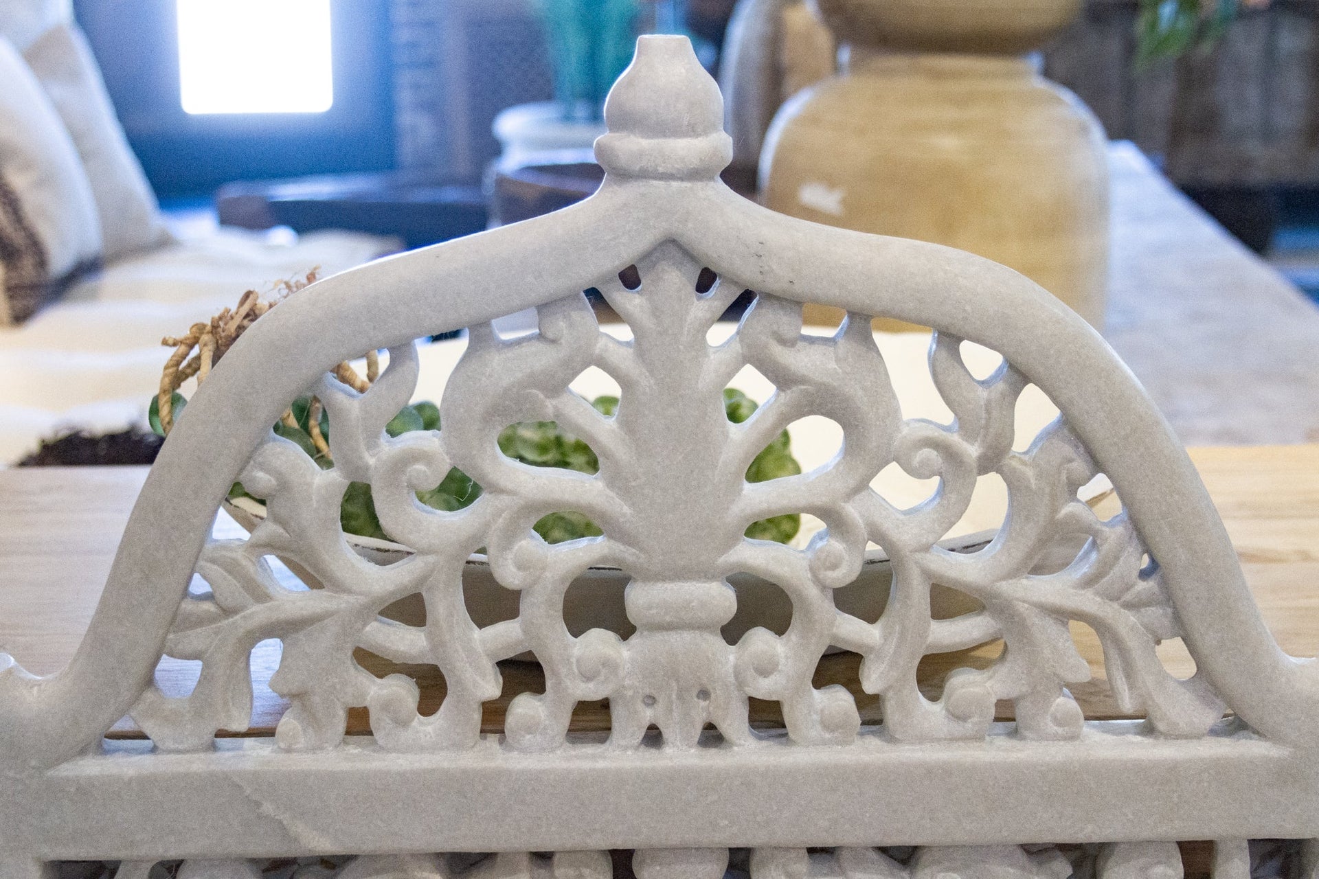 Royal Carved White Marble Garden Bench DE-COR | Globally Inspired