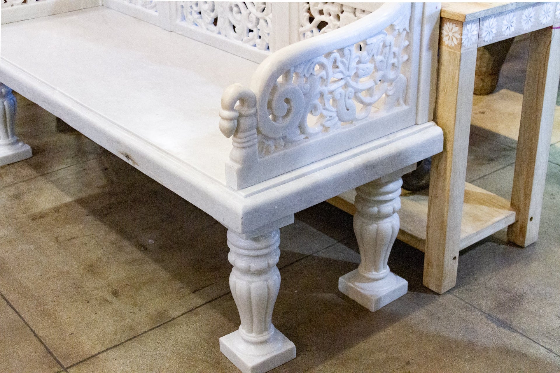 Royal Carved White Marble Garden Bench DE-COR | Globally Inspired