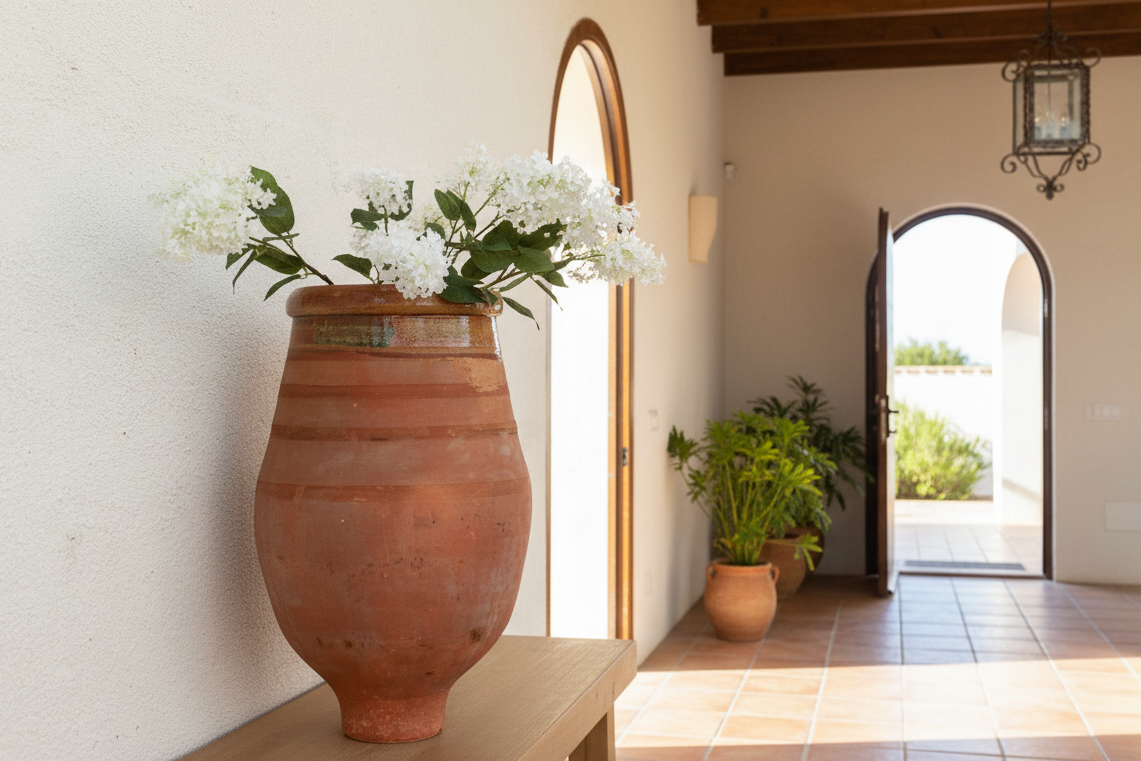 Large Mediterranean Terracotta Glazed Rim Floor Vase