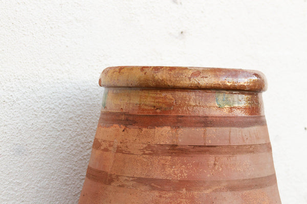 Large Mediterranean Terracotta Glazed Rim Floor Vase