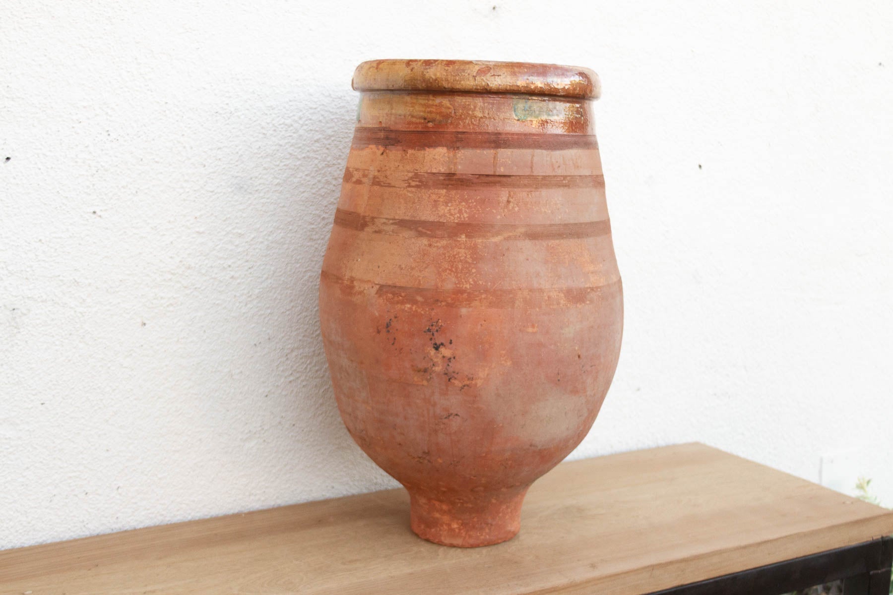 Large Mediterranean Terracotta Glazed Rim Floor Vase