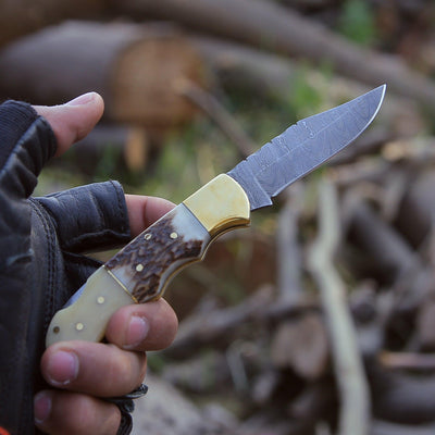 Antler Edge Damascus Pocket Knife with Staghorn & Bone Handle
