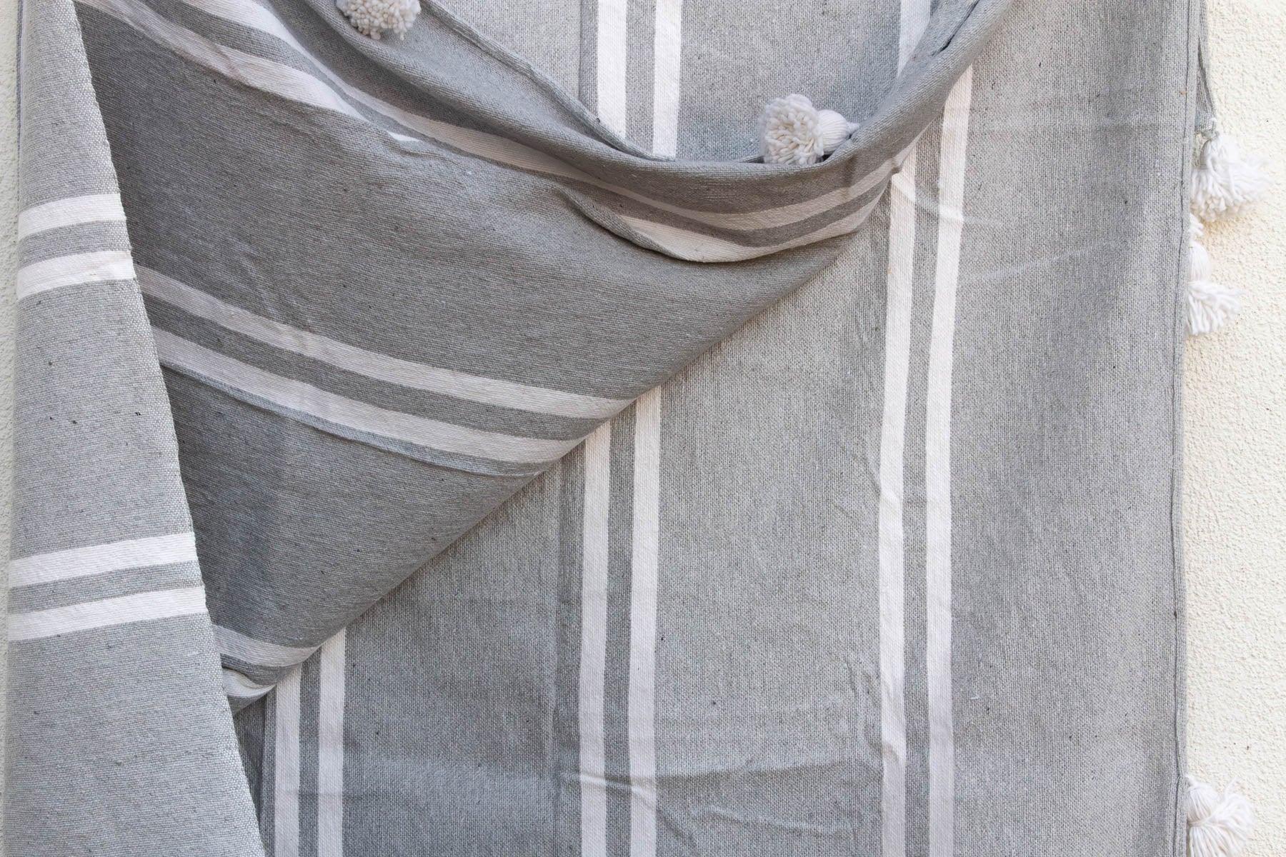 Dove Grey Striped Moroccan Pom Pom Blanket