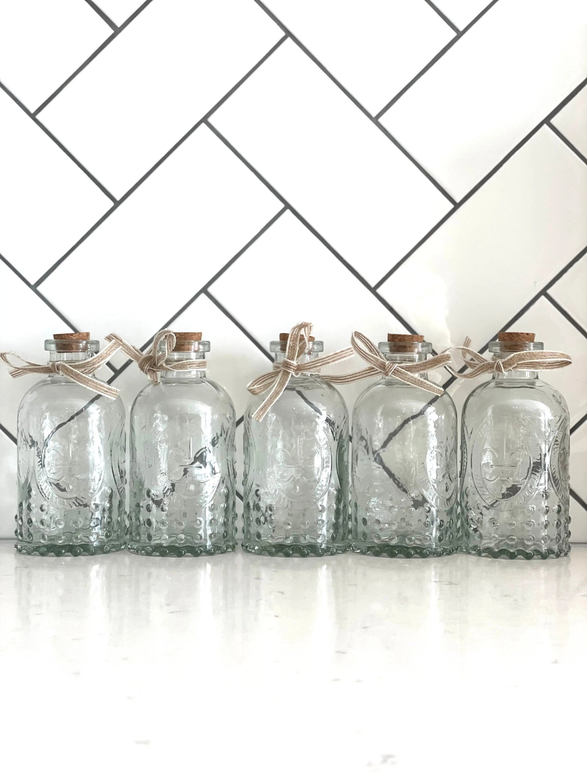 Glass Embossed Bottles with Cork Lids - Set of 5