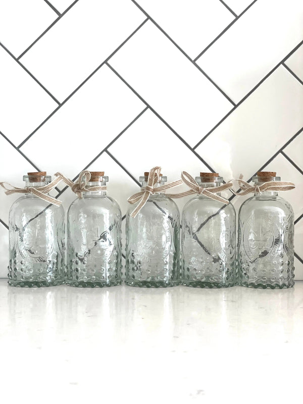 Glass Embossed Bottles with Cork Lids - Set of 5