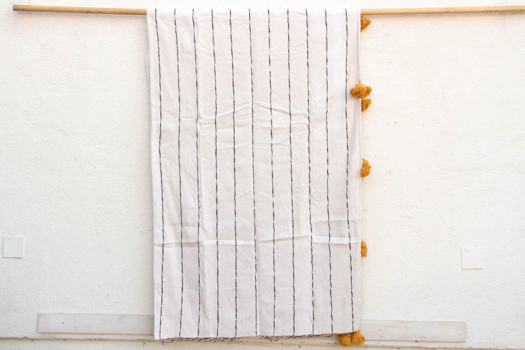 White & Black Pinstripes Moroccan Pom Pom Blanket
