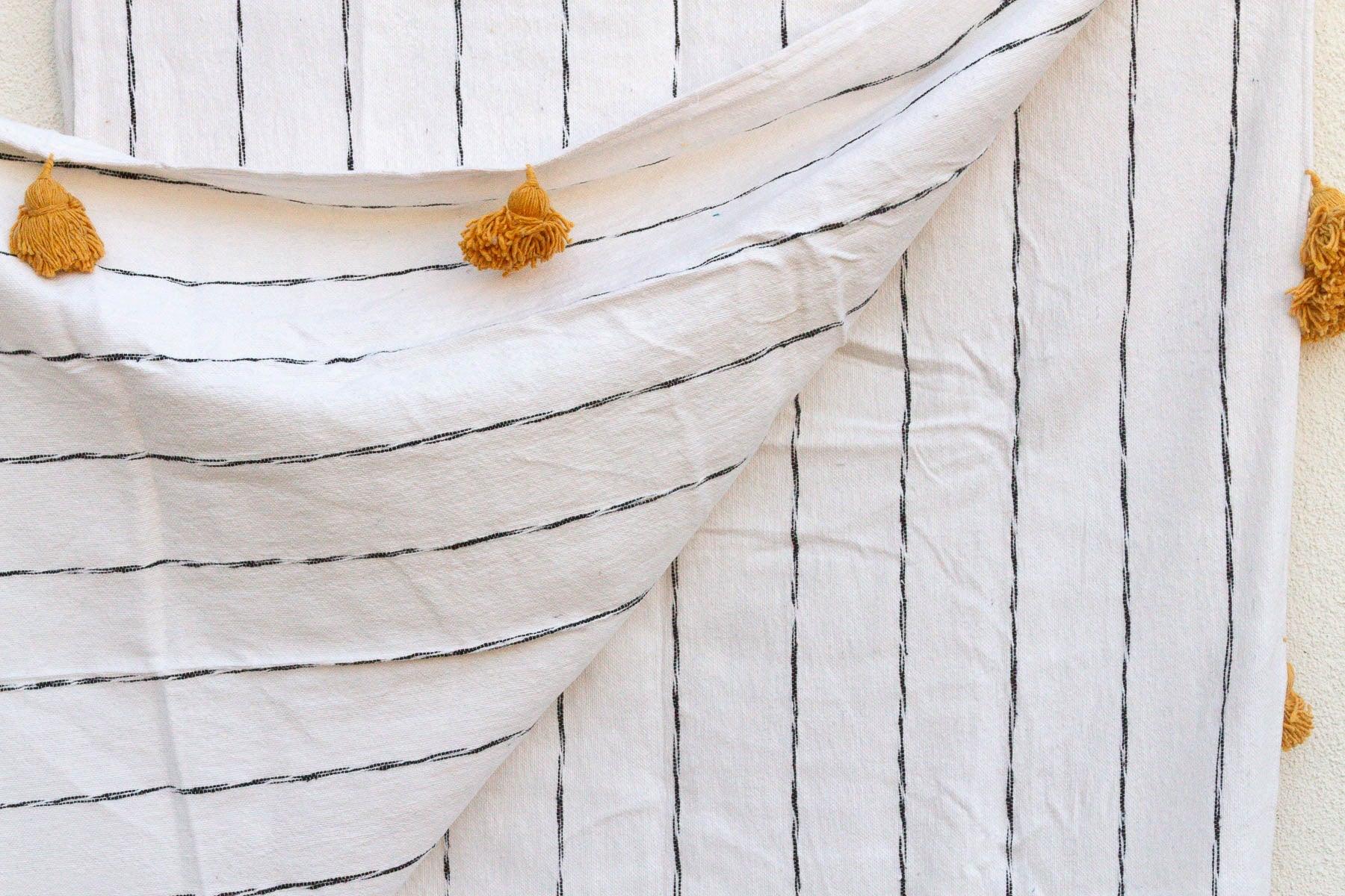 White & Black Pinstripes Moroccan Pom Pom Blanket