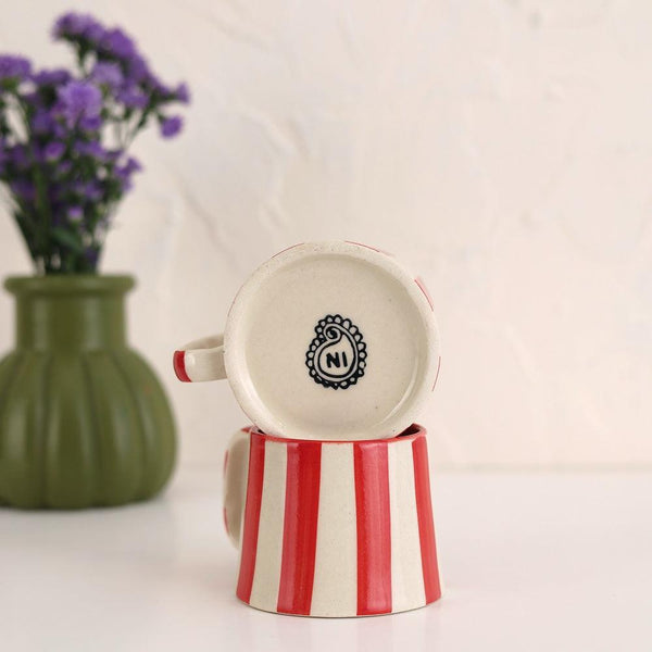 Ceramic Red Stripe Coffee Cup, 220ml – Handmade, Set of 4