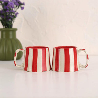 Ceramic Red Stripe Coffee Cup, 220ml – Handmade, Set of 4