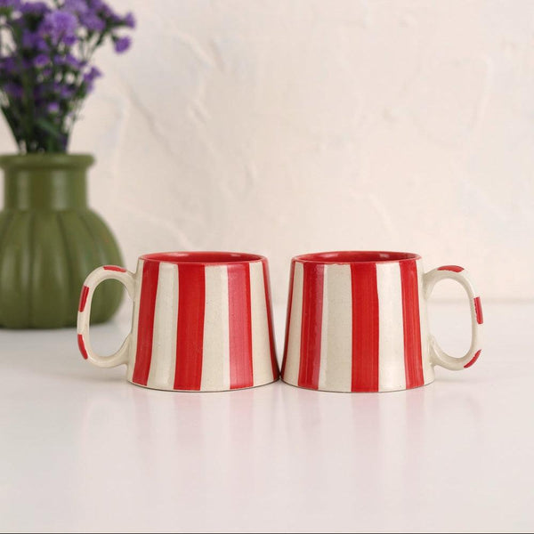 Ceramic Red Stripe Coffee Cup, 220ml – Handmade, Set of 4